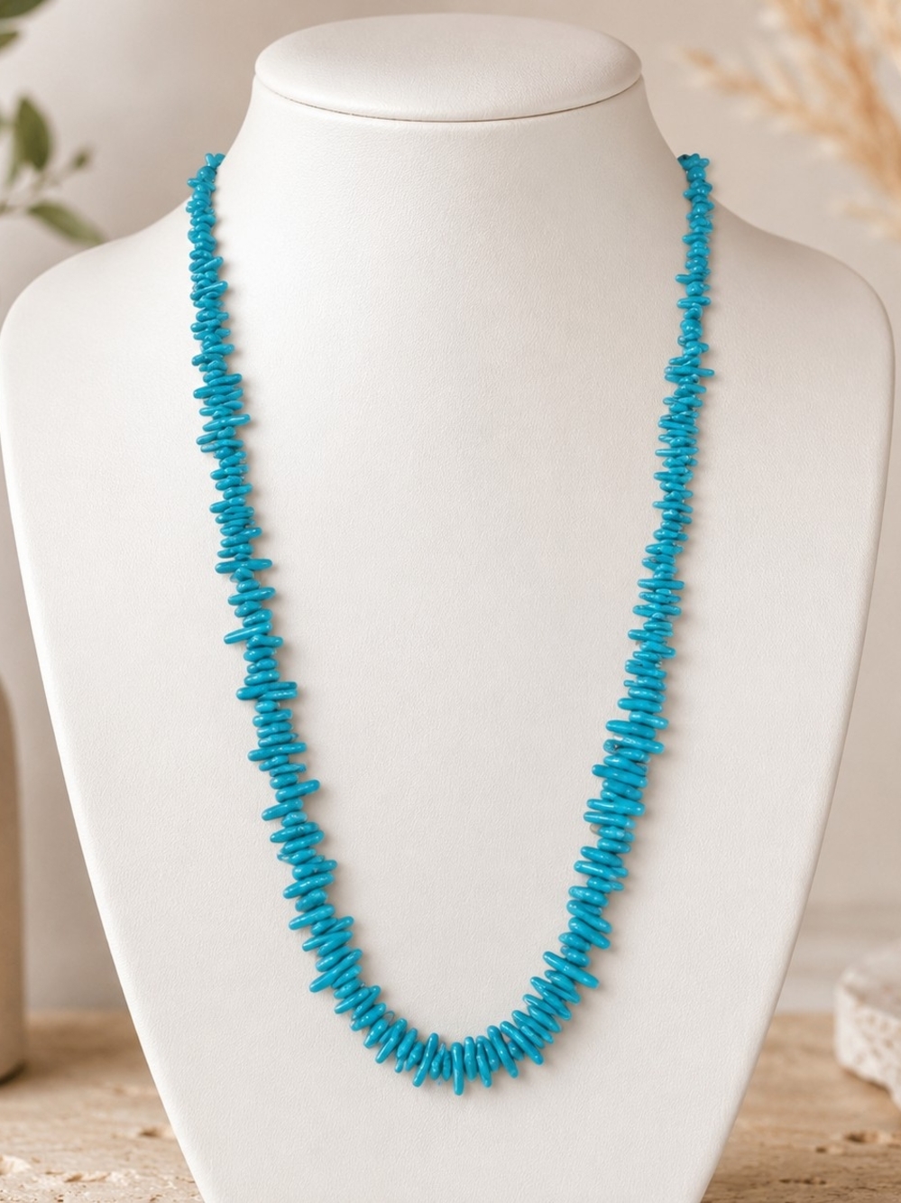 Vintage Turquoise Blue Plastic Bead Necklace Long Boho Coastal Necklace 30"